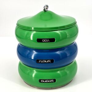 MCM Lincoln Beautyware Pagoda Blue/Green Stacking Metal Canisters 11.5x9.5" VTG